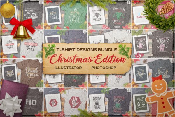 Christmas T-Shirt Designs Retro Bundle. Xmas Tees